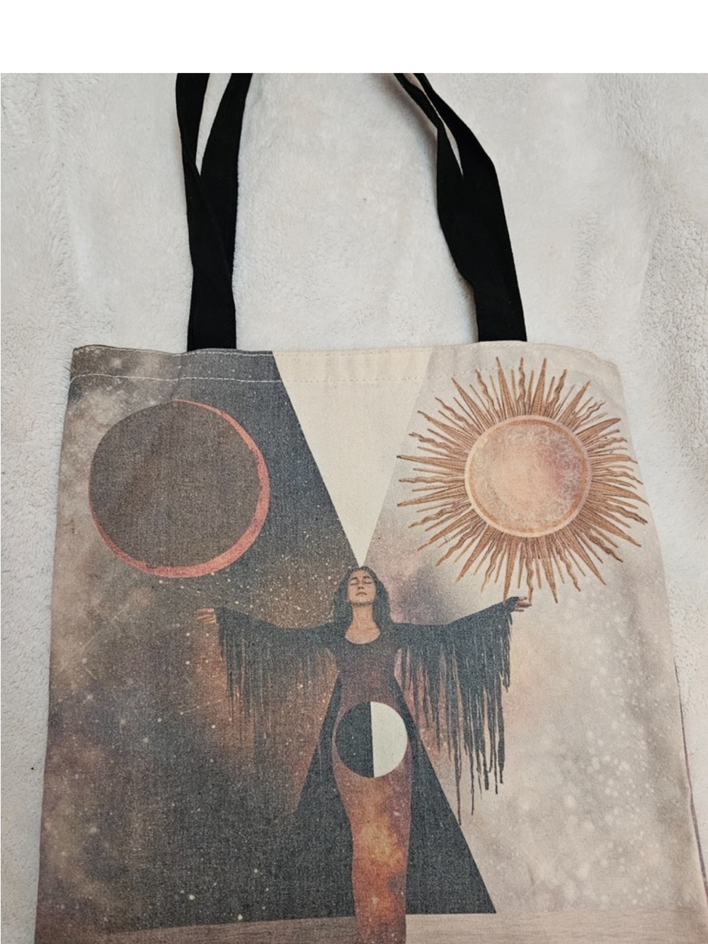 Boho Celestial Sun & Moon Goddess Provisions Graphic Tote Bag in Earth Tones